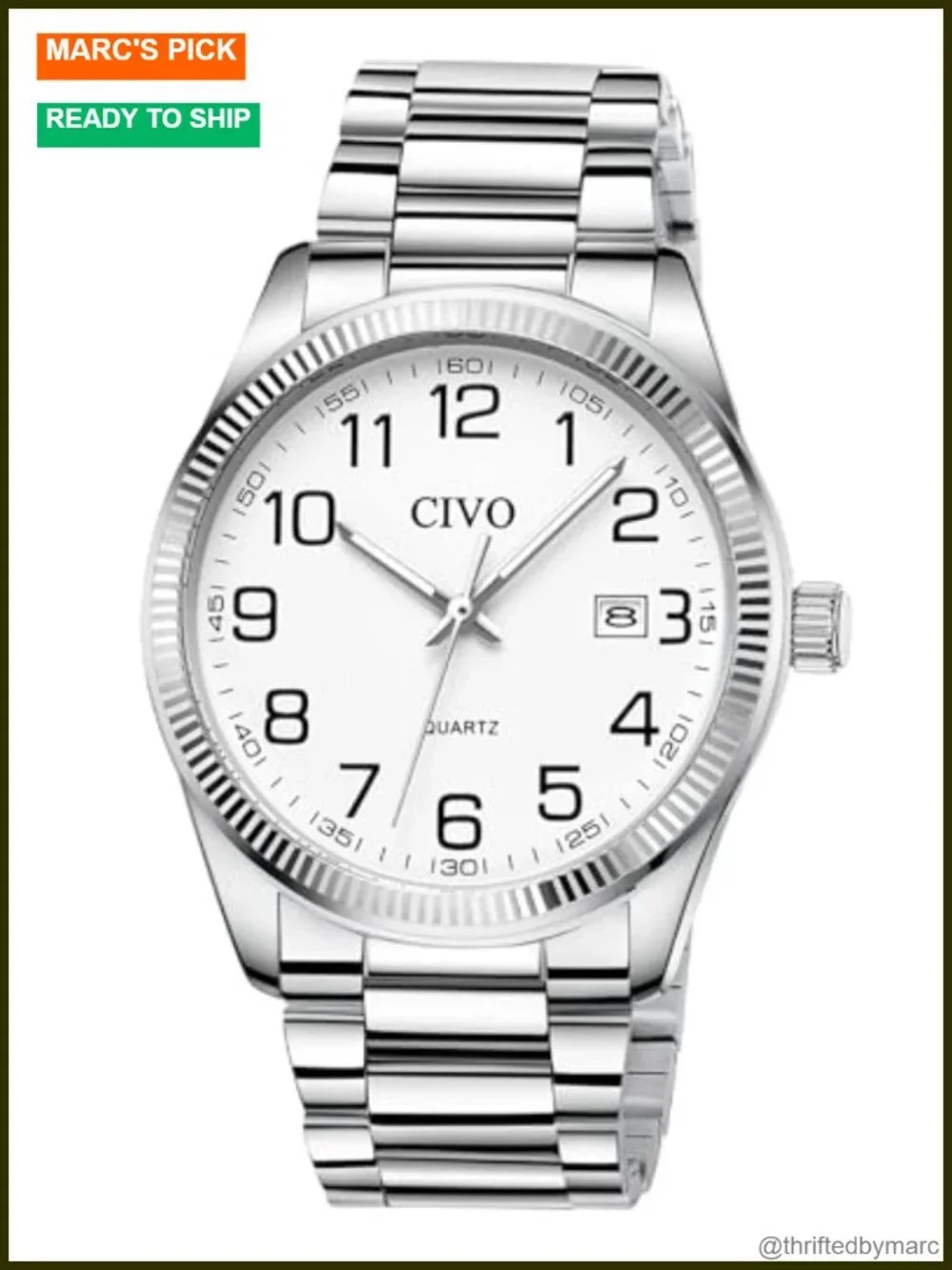 Stainless Steel Dress Watch with Japanese Quartz Movement, Date Display, Large